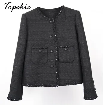 Высококачественная черная твидовая куртка для женщин 2023, Осень-зима, Элегантные шерстяные и смесовые пальто, Корейская мода Jaqueta Feminina